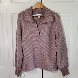 cupcakes & cashmere Womens Mauve V-Neck Sweater Size LG Cable Knit Collared Soft